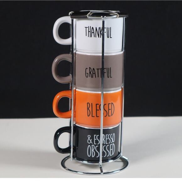 Fall Espresso Mugs with Metal Rack Set of Four - Picture 2 of 4